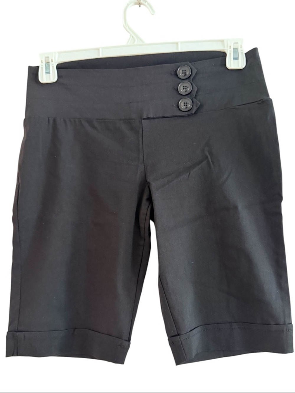 Valia Black Bermuda Shorts Side Asymmetric 3 Three Button Cuffed Hem Mid Rise S